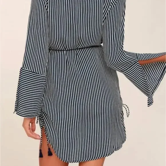 FAITHFULL THE BRAND Neroli Navy Blue Striped Long Sleeve Dress Tassel {TT35} - Picture 3 of 7